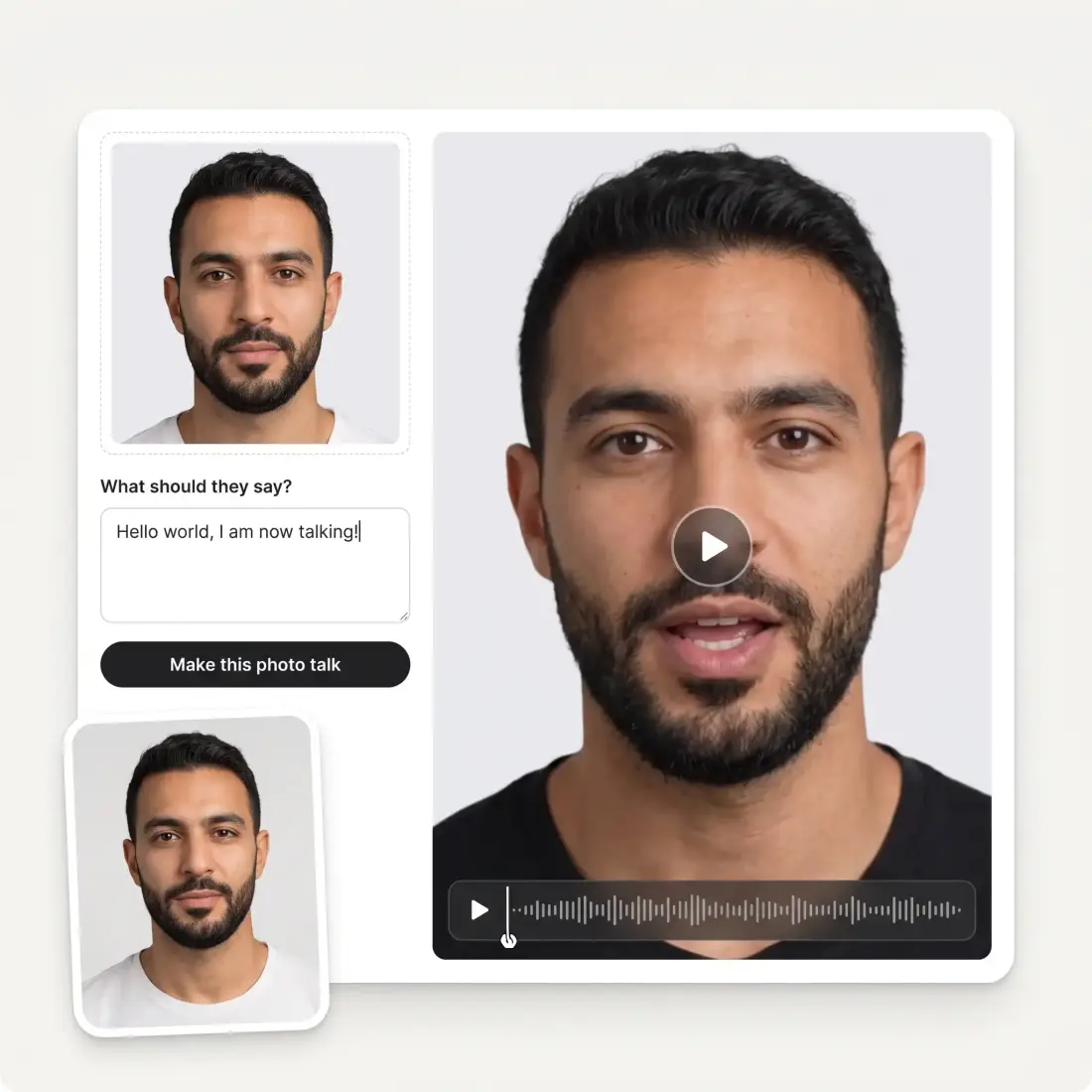 The Make Photo Talk interface with a photo, a What should they say box and a Make this photo talk button