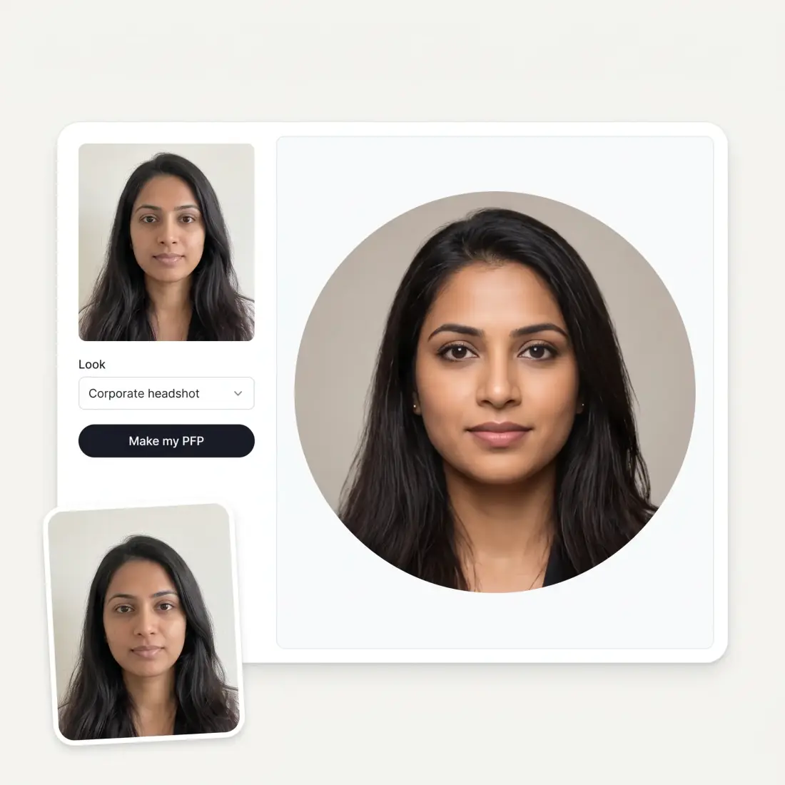The profile picture maker with an uploaded selfie, a Look dropdown and a Make my PFP button