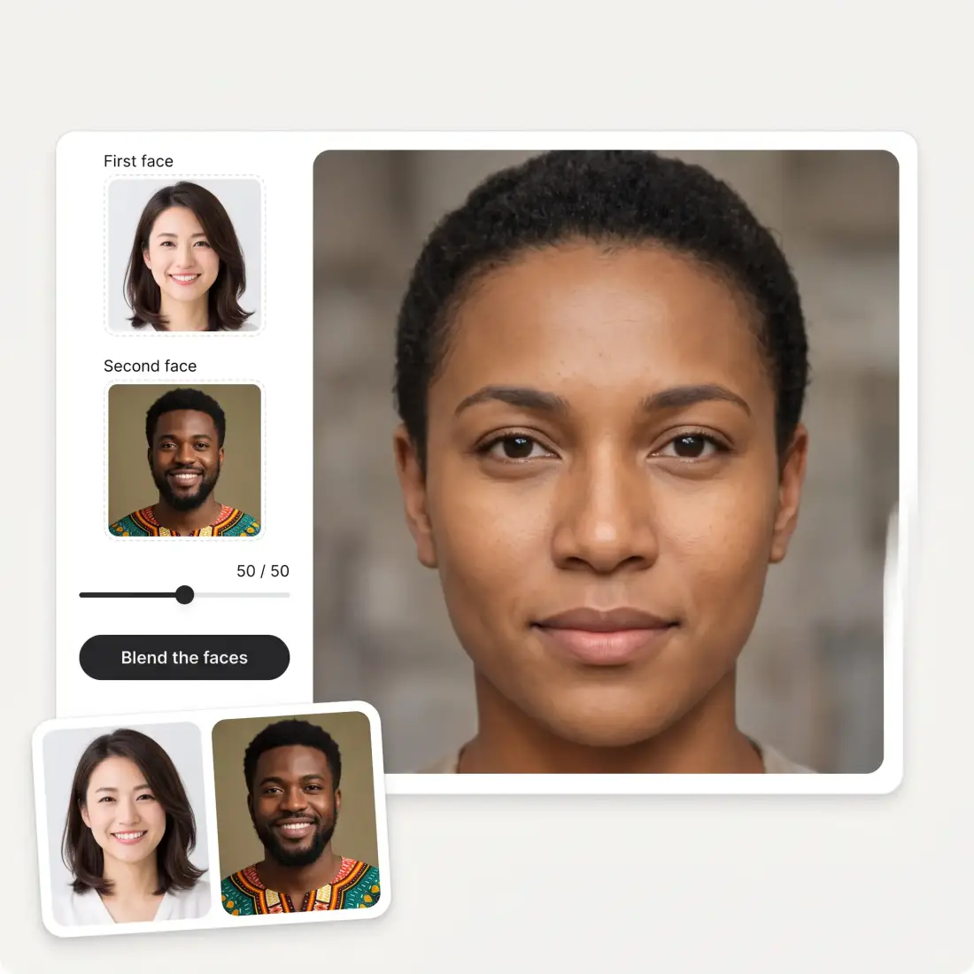 The face morph interface with two upload slots, a 50/50 blend slider and a Blend the faces button