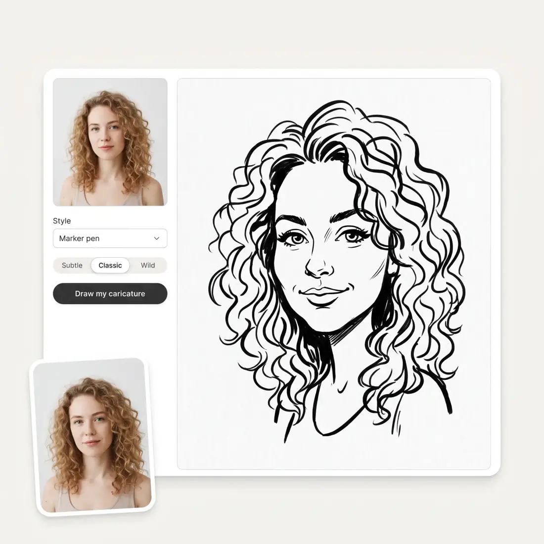 The caricature maker with an uploaded photo, a Style dropdown, strength chips and a Draw my caricature button