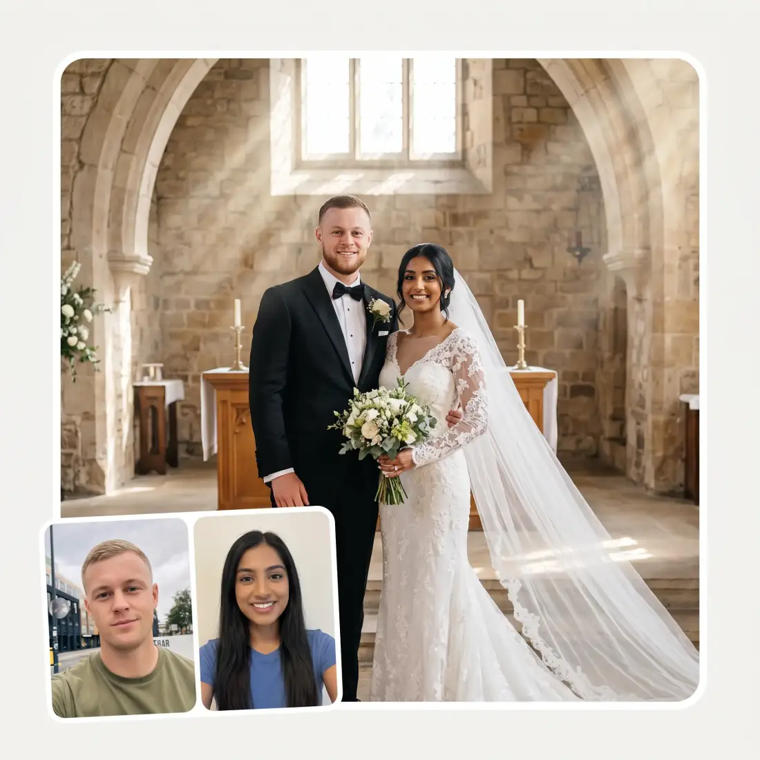 Two plain selfies beside the same two people photographed at their wedding