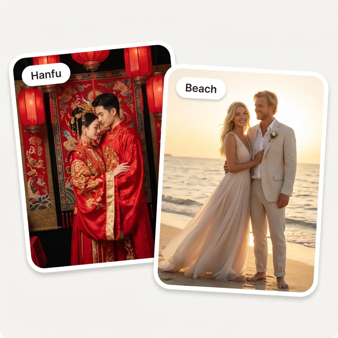 Two wedding photographs labelled Hanfu and Beach