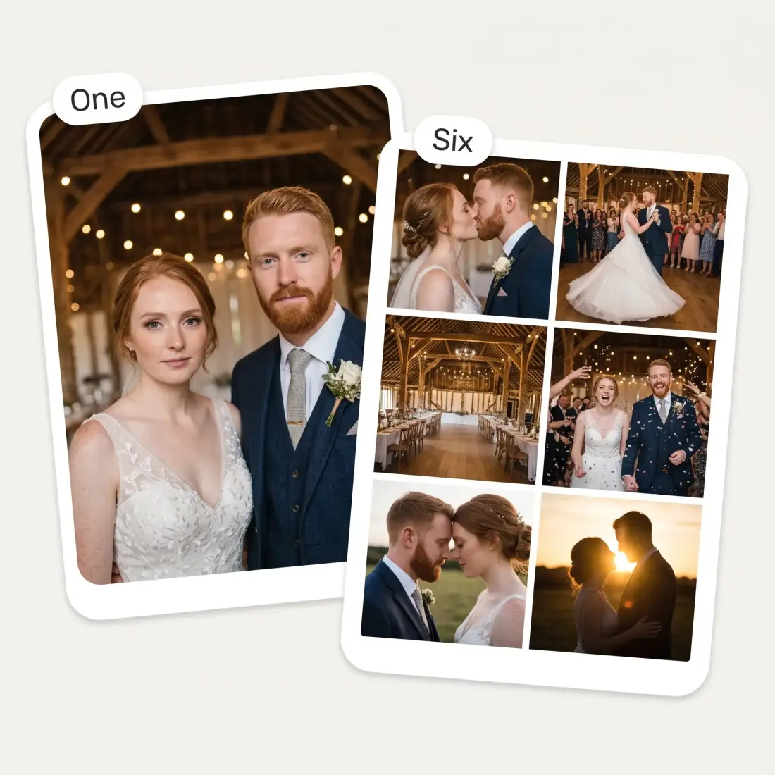 One wedding portrait beside a six-frame album of the same couple