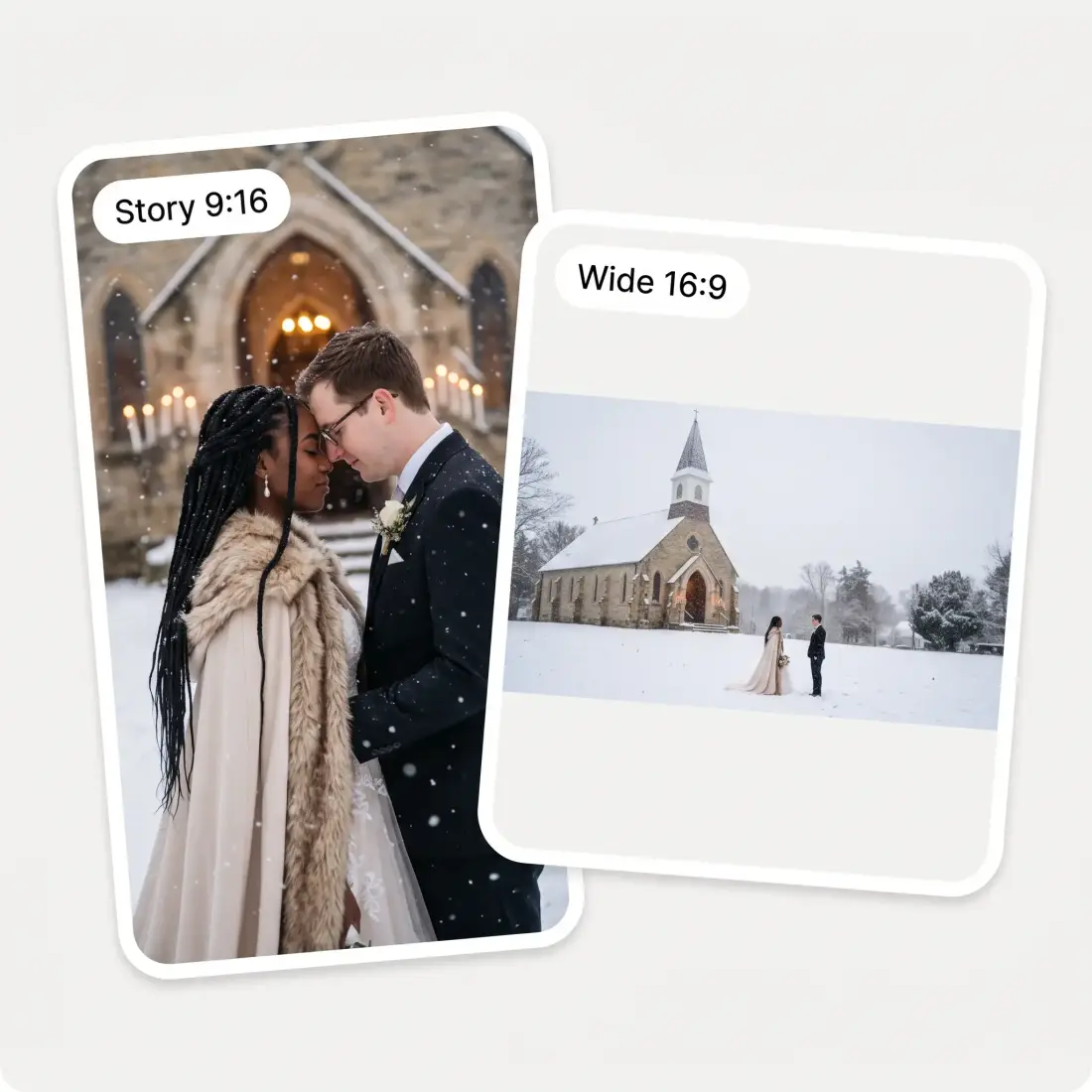 The same winter wedding framed as a vertical story and as a wide landscape