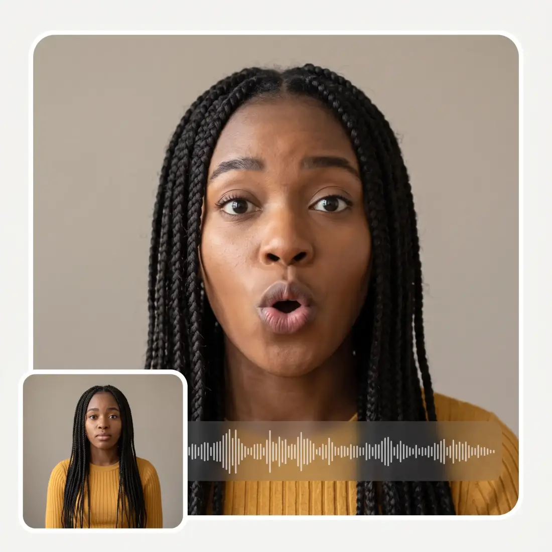 A still photo beside the same person mid-word with an audio waveform below