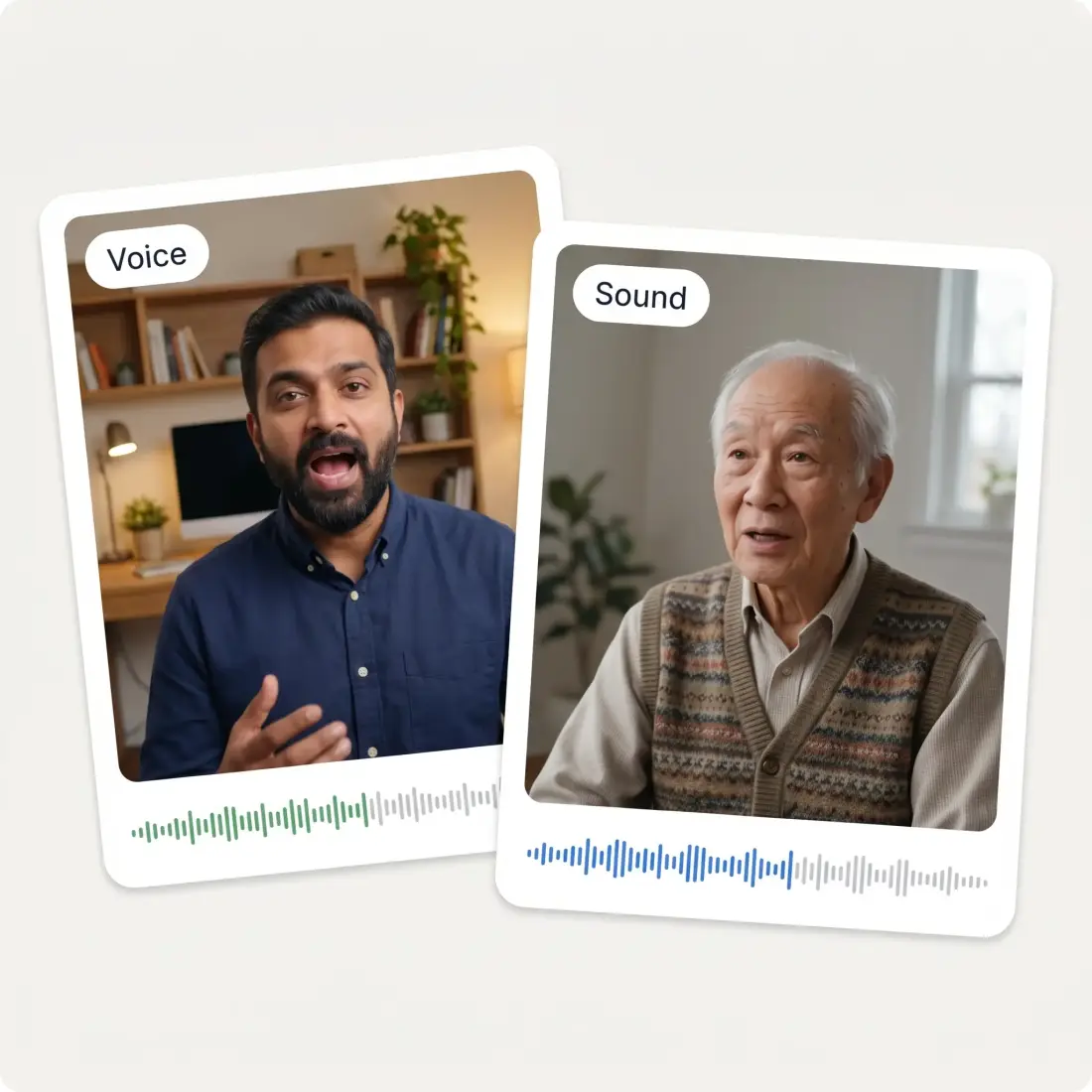 Two people mid-sentence in talking video stills, labelled Voice and Sound