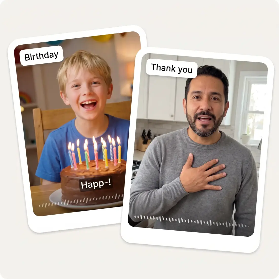 Two talking video stills labelled Birthday and Thank you