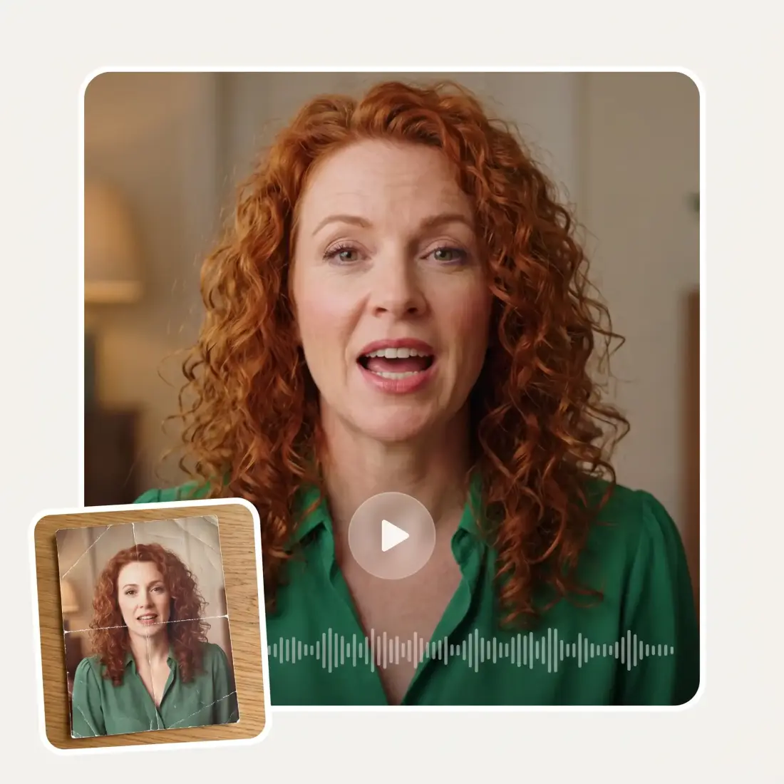 A creased old printed photograph beside the same woman speaking in a modern video still