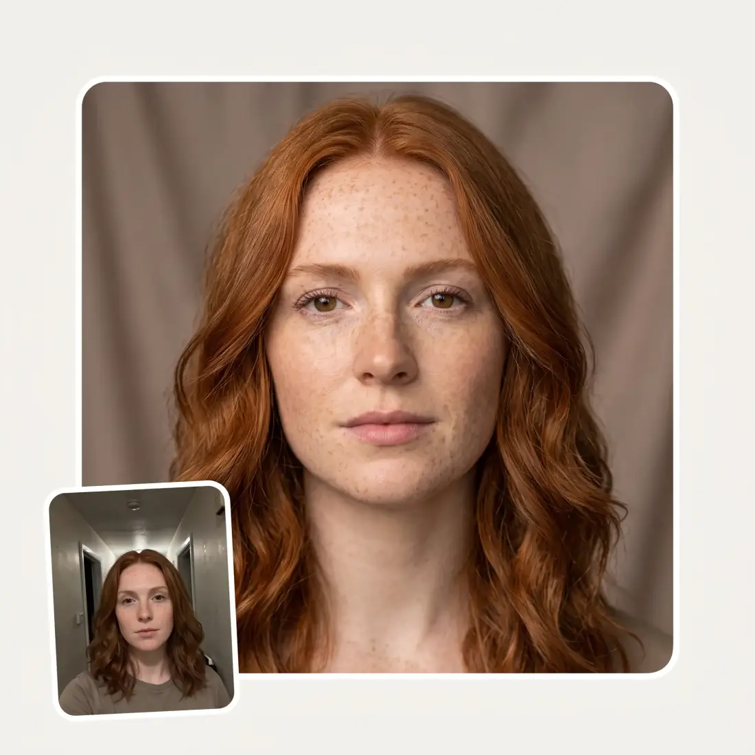 A dim hallway selfie beside the same freckled woman relit as a clean portrait