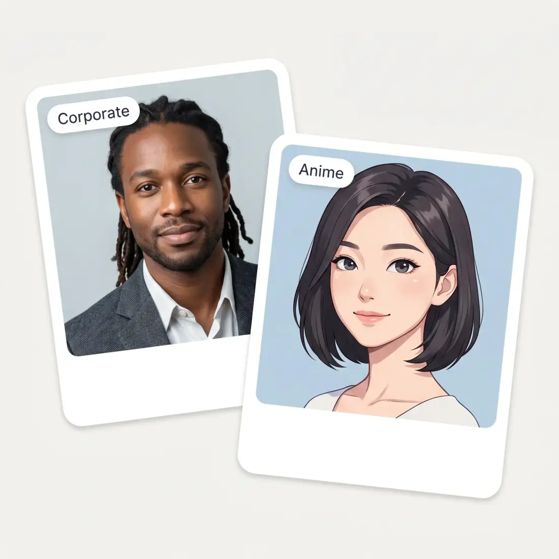 Two profile pictures labelled Corporate and Anime
