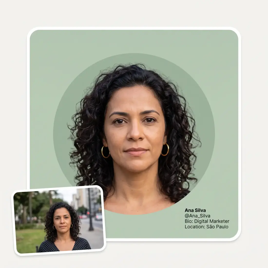 A badly framed snapshot beside the same woman re-framed as a round avatar on a profile card