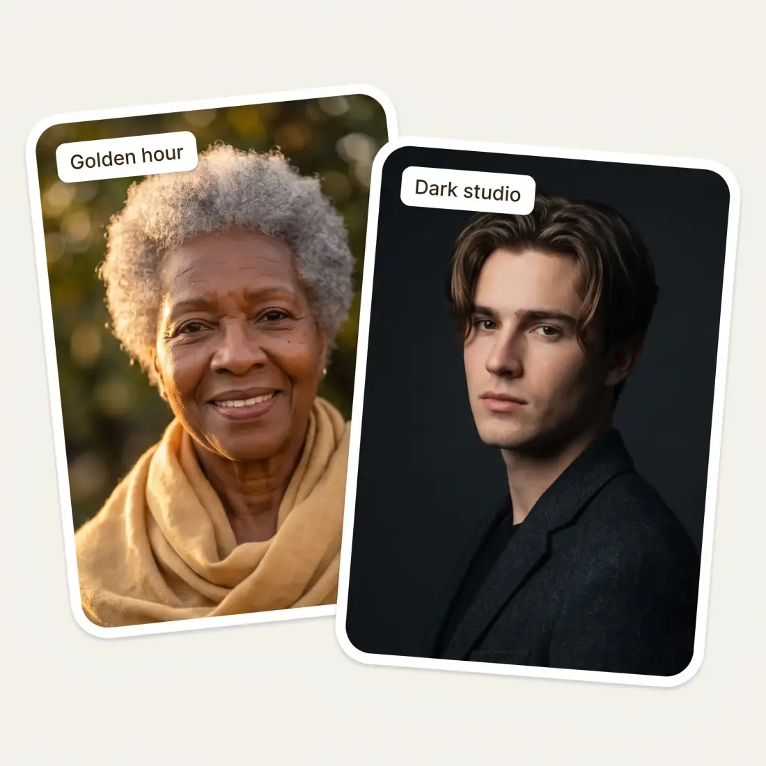Two finished profile pictures labelled Golden hour and Dark studio