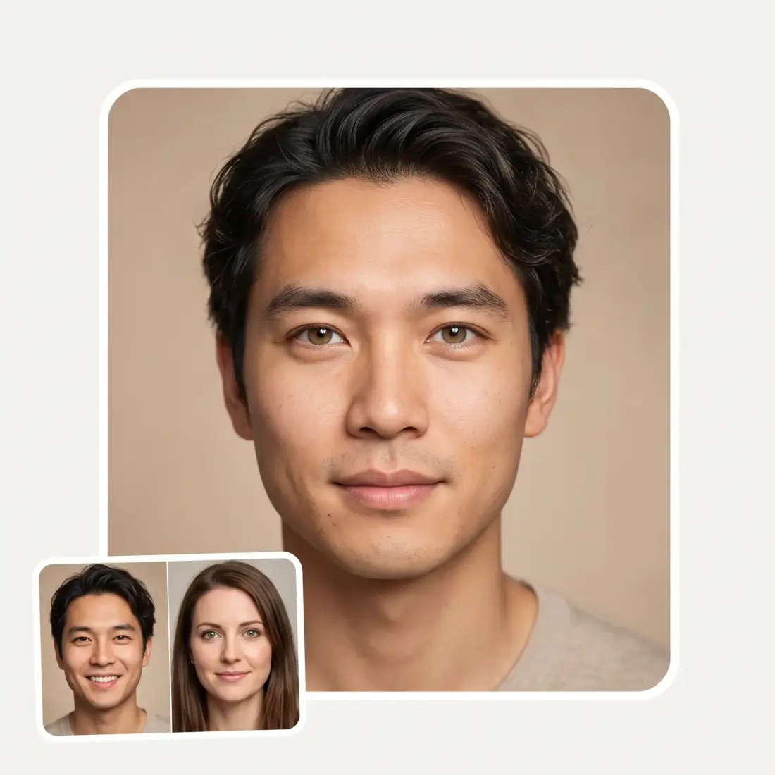 Two source portraits beside one seamless blended face on a beige backdrop