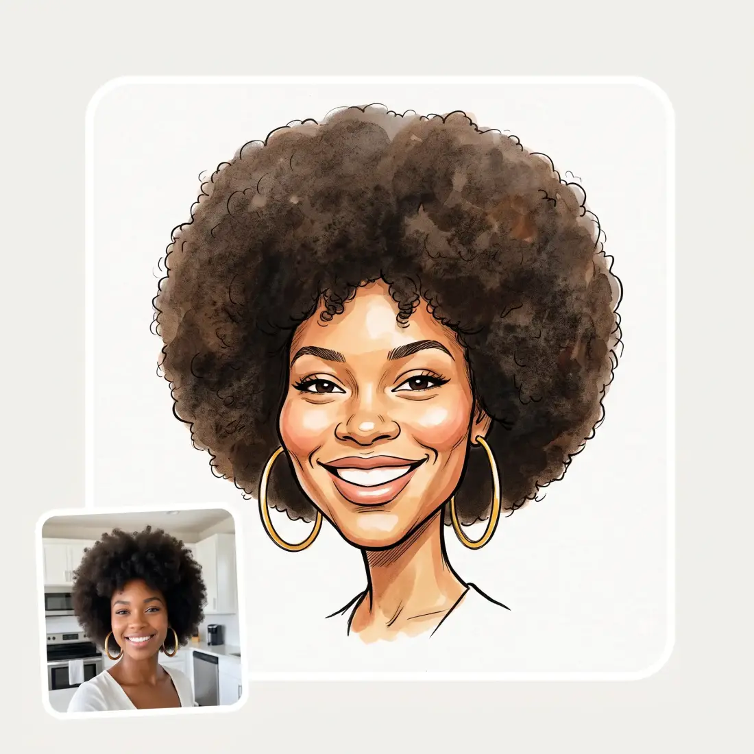 A kitchen photo of a woman with an afro beside a colour caricature of her