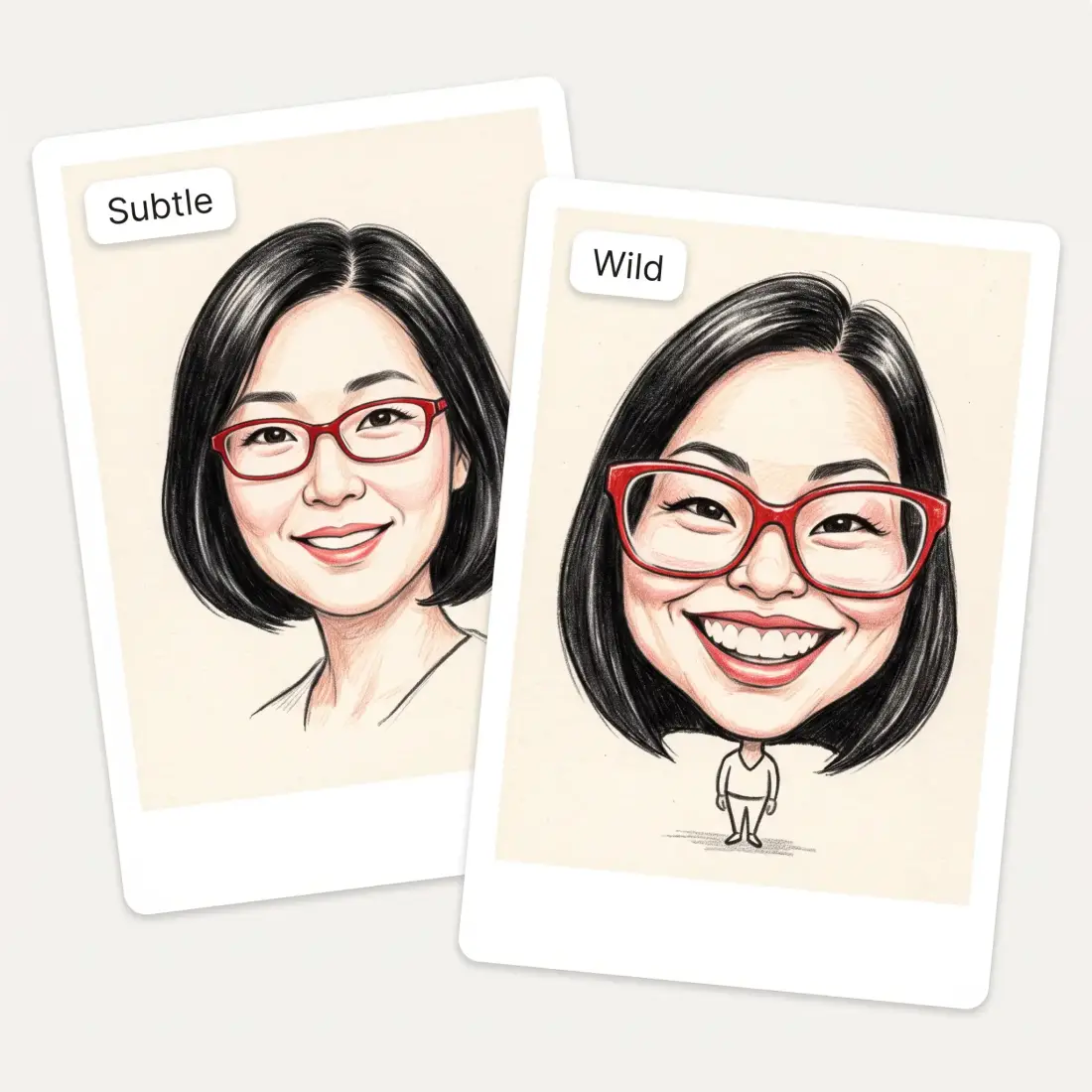 The same woman drawn at Subtle and at Wild exaggeration
