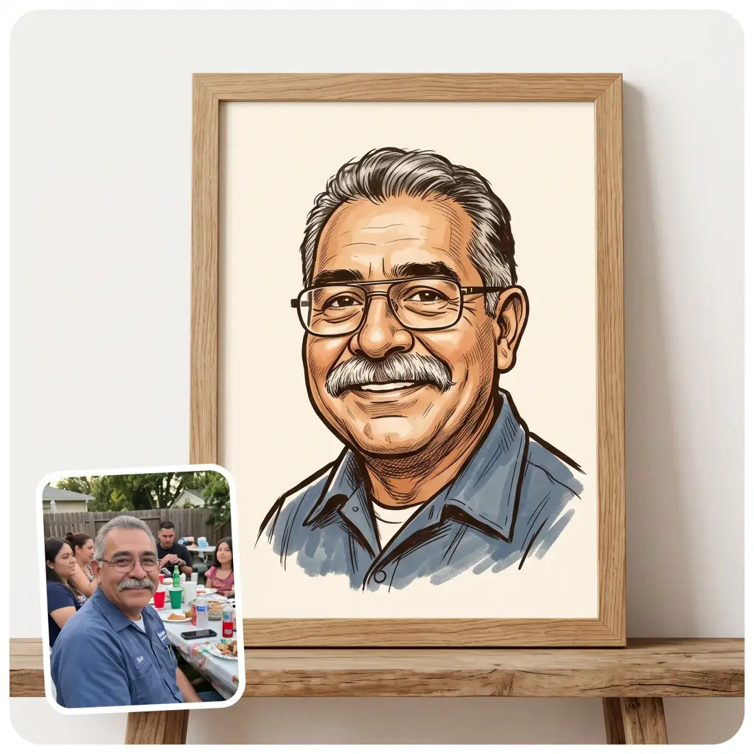 A family photo beside the same man as a framed vintage-ink caricature on a shelf