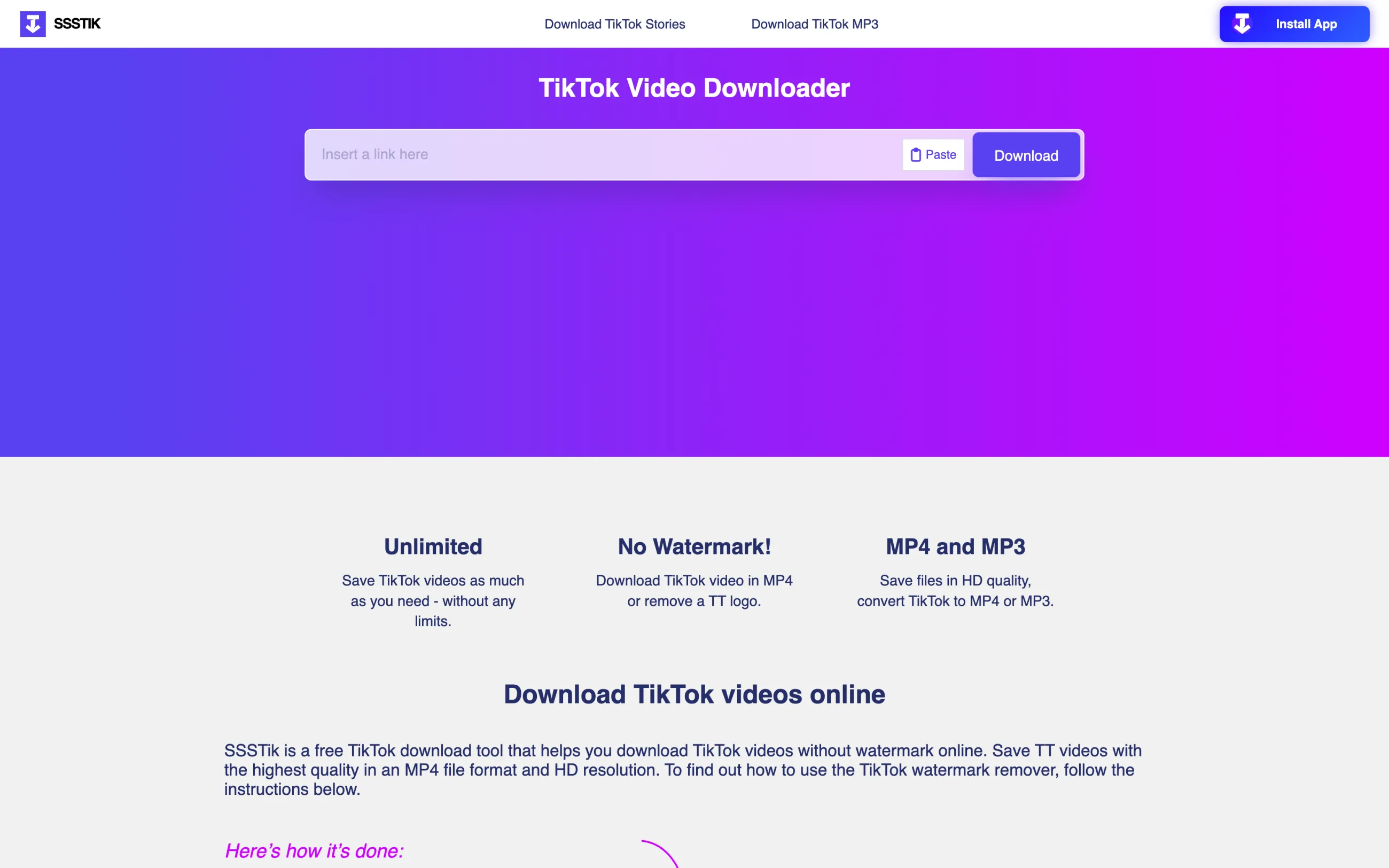 SSSTik TikTok downloader homepage