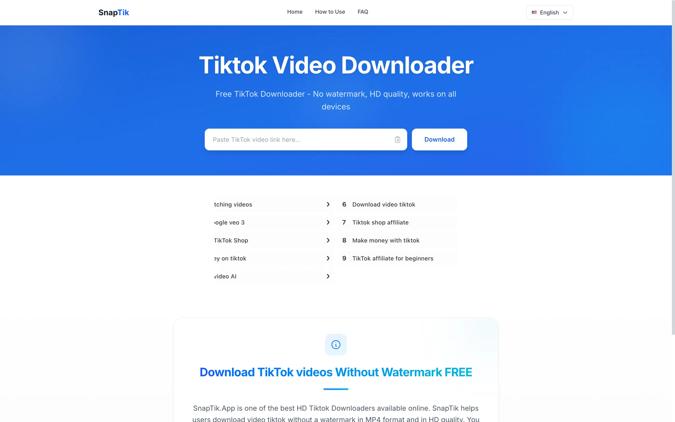 SnapTik TikTok downloader homepage with the URL field