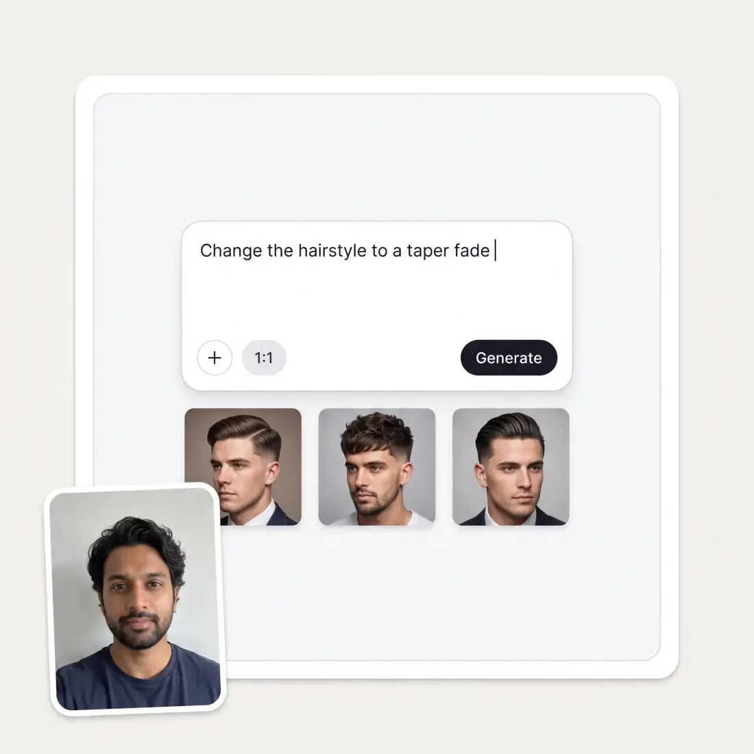 The Gemini Hairstyle field with a typed prompt, an aspect-ratio pill and a Generate button, above the prompt cards