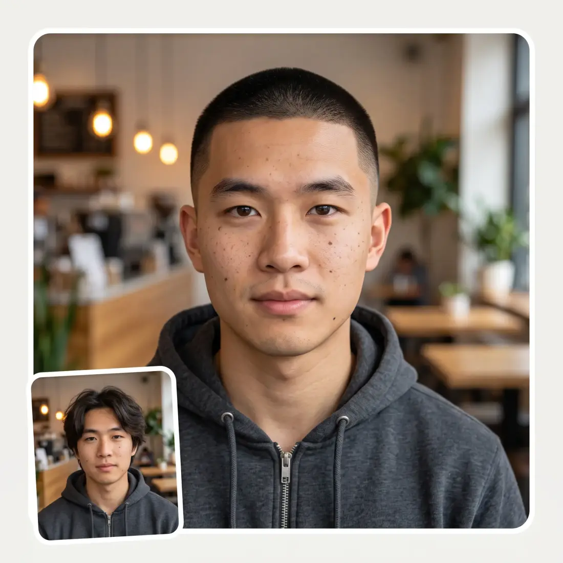 The same man before and after, only the hair changed from grown-out to a buzz cut