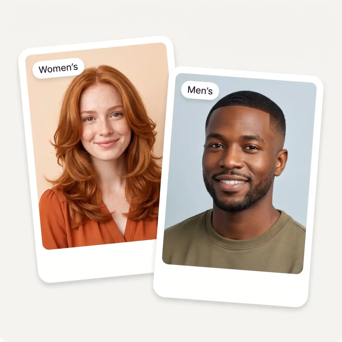 Two result cards labelled Women's and Men's, showing a layered cut and a taper fade
