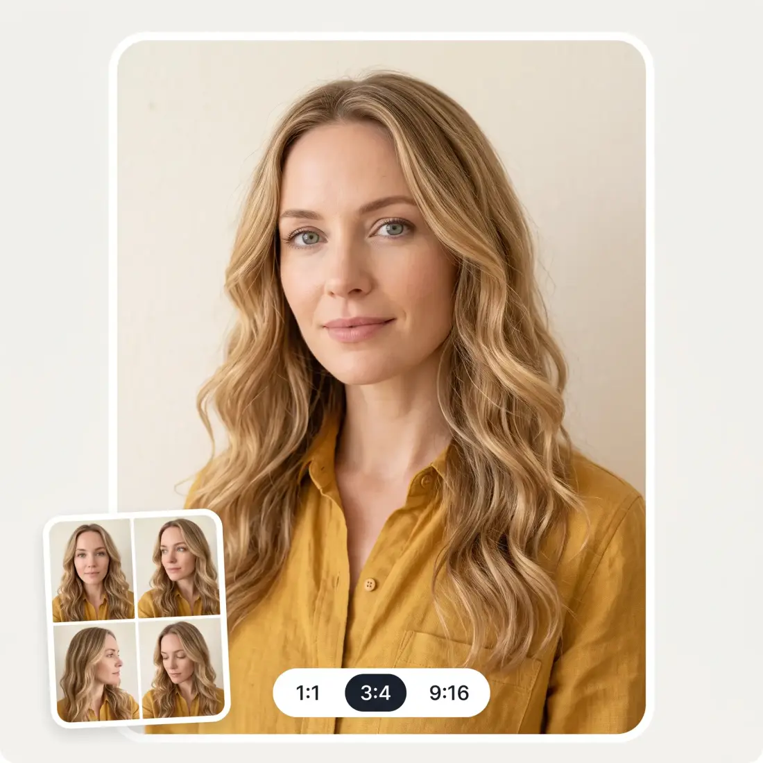 Four source selfies of one woman beside her finished result, with aspect-ratio chips