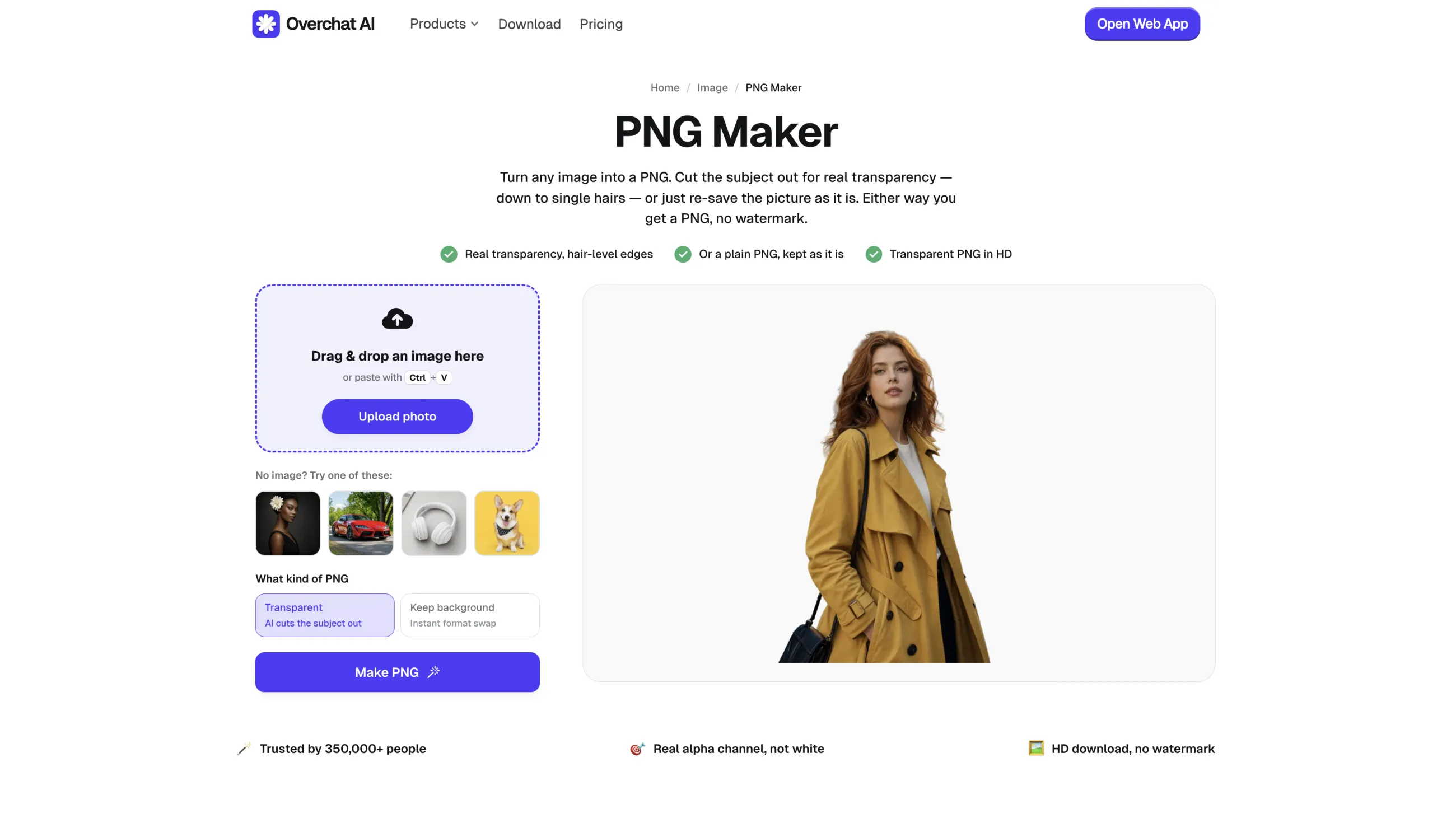 The Overchat AI PNG Maker page with the upload panel and preview area