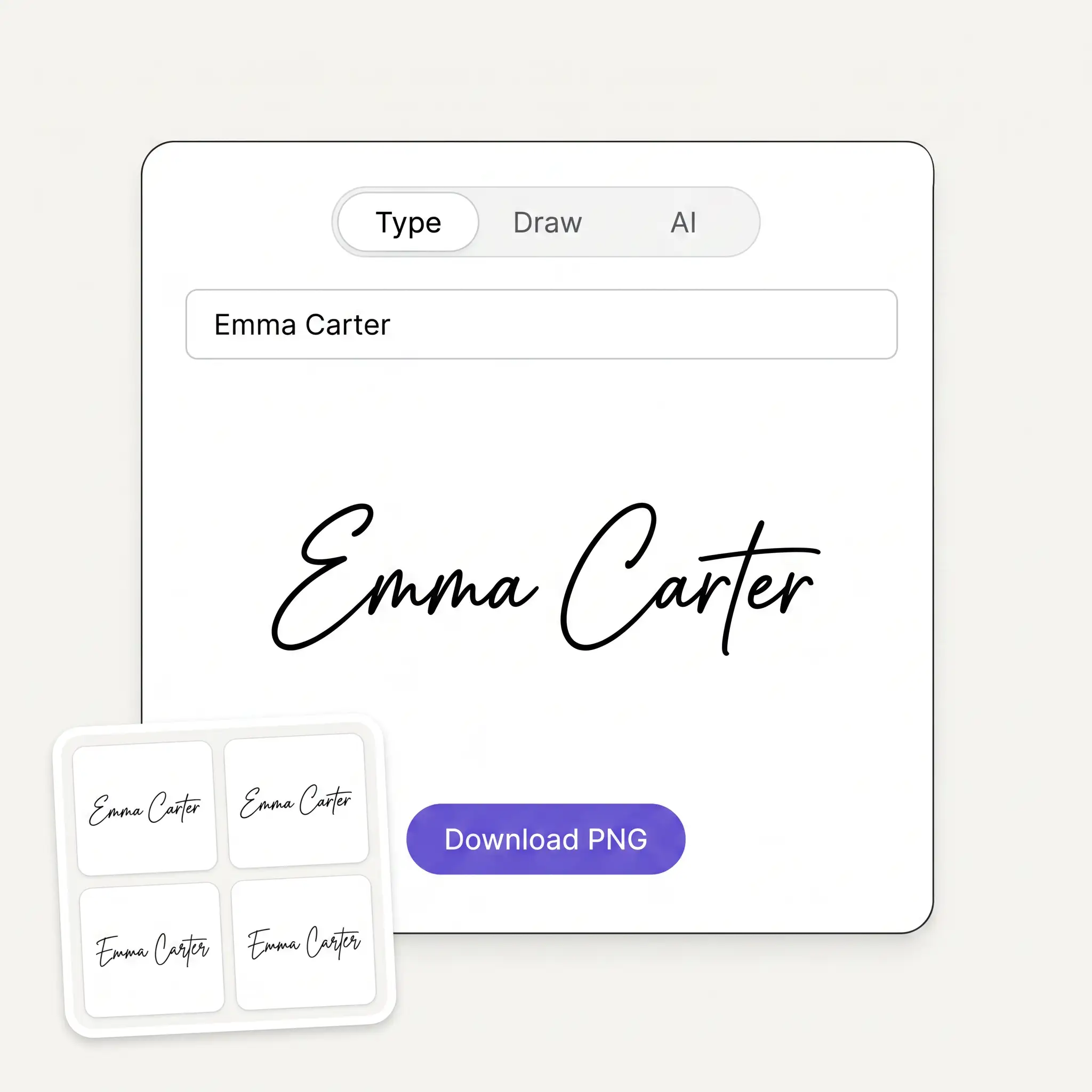 The Type, Draw and AI tabs with a name field, a signature preview and a Download PNG button