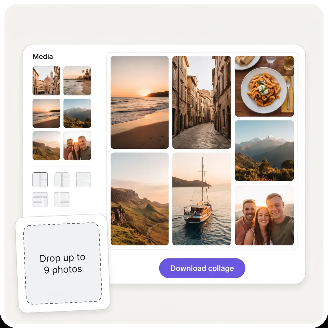 The collage tool with a photo tray, layout icons, a collage preview and a Download collage button