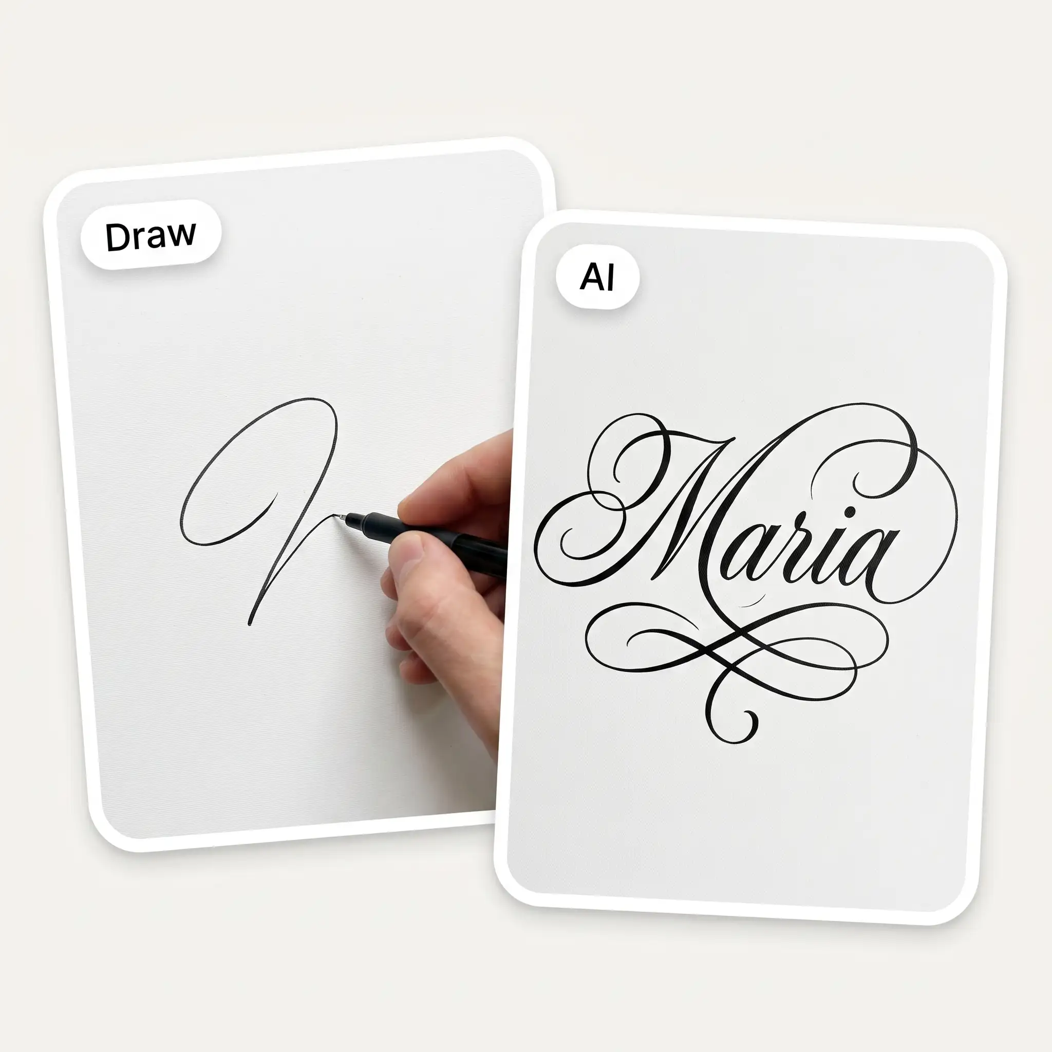 A hand-drawn signature stroke labelled Draw beside an ornate AI calligraphy signature labelled AI