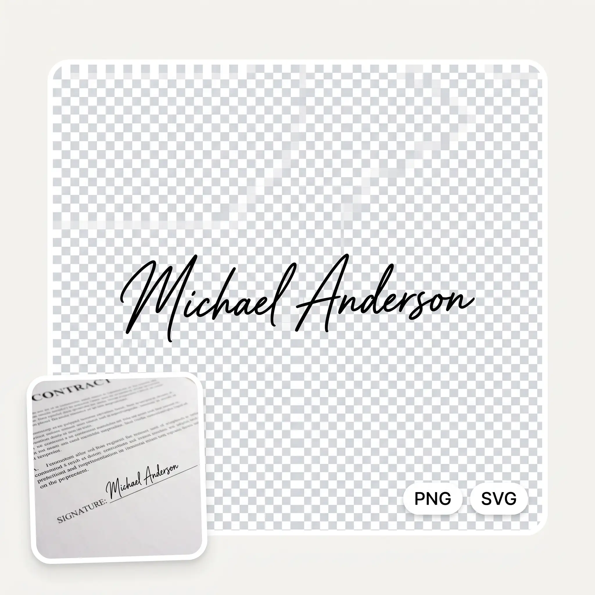 A signature floating on a transparency checkerboard with PNG and SVG chips, beside it placed on a contract