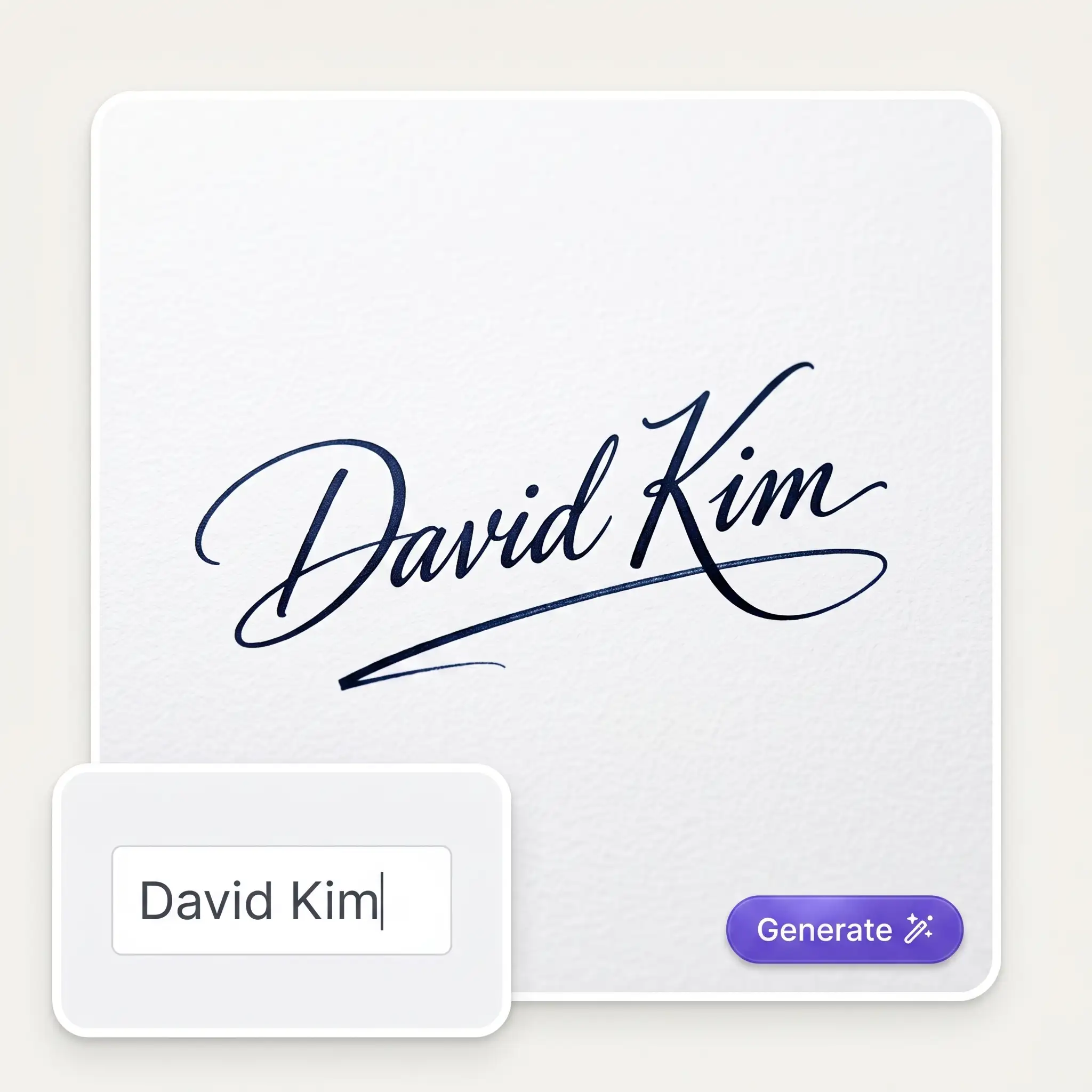 A typed name in a field turned into a flowing hand-inked signature, with a Generate button