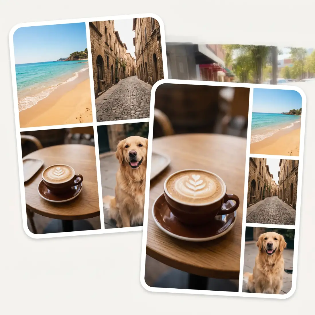 The same four photos arranged as a 2x2 grid and as a mosaic with one large photo