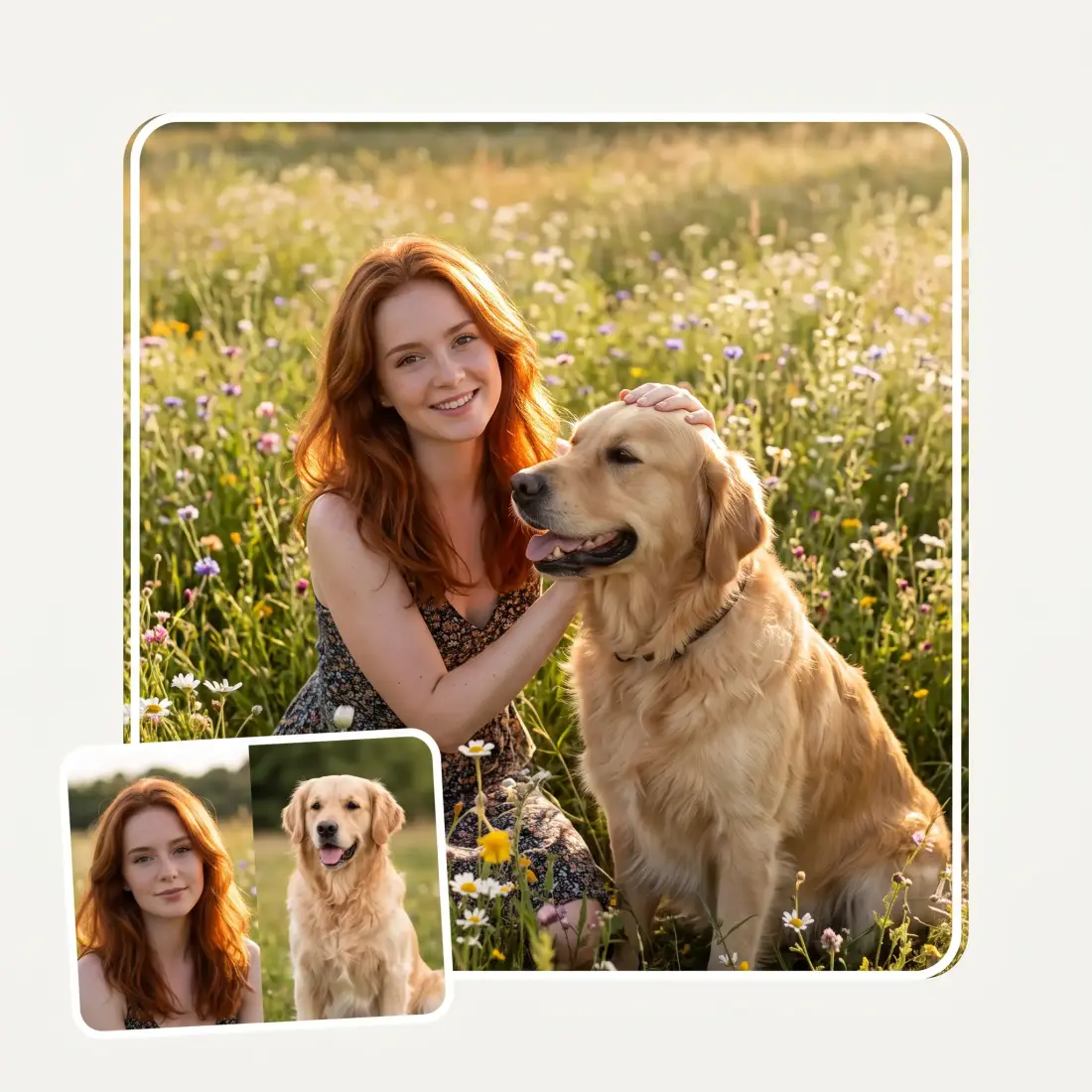 Two source photos of a woman and a dog merged into one photo of them together in a meadow
