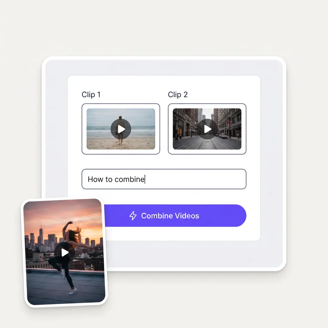 The AI video combiner interface with two clip slots, a merge instruction box and the Combine Videos button