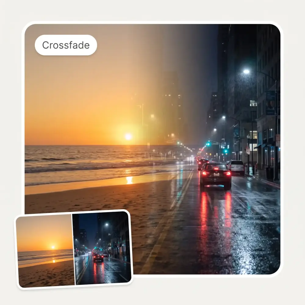 A beach sunset dissolving into a rainy city street with a Crossfade label
