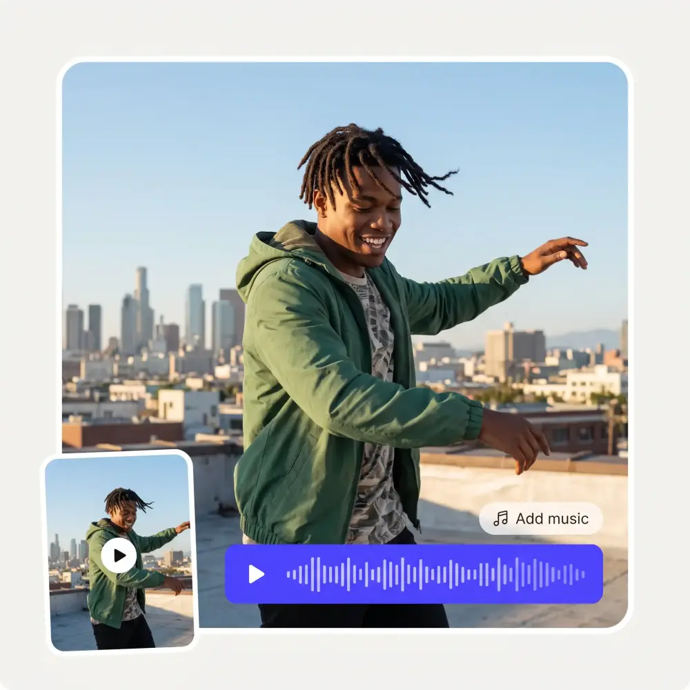 A man dancing on a rooftop with an audio waveform and an Add music chip