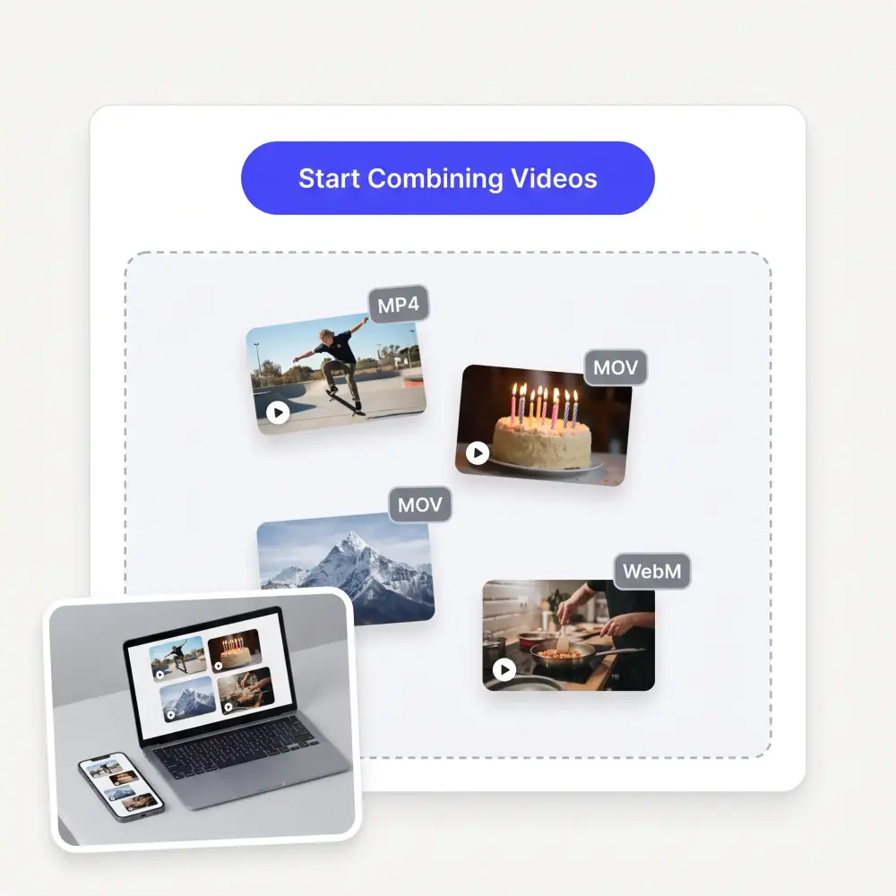 An upload panel with MP4, MOV and WebM clips dropped in, next to a laptop and phone showing the same clips