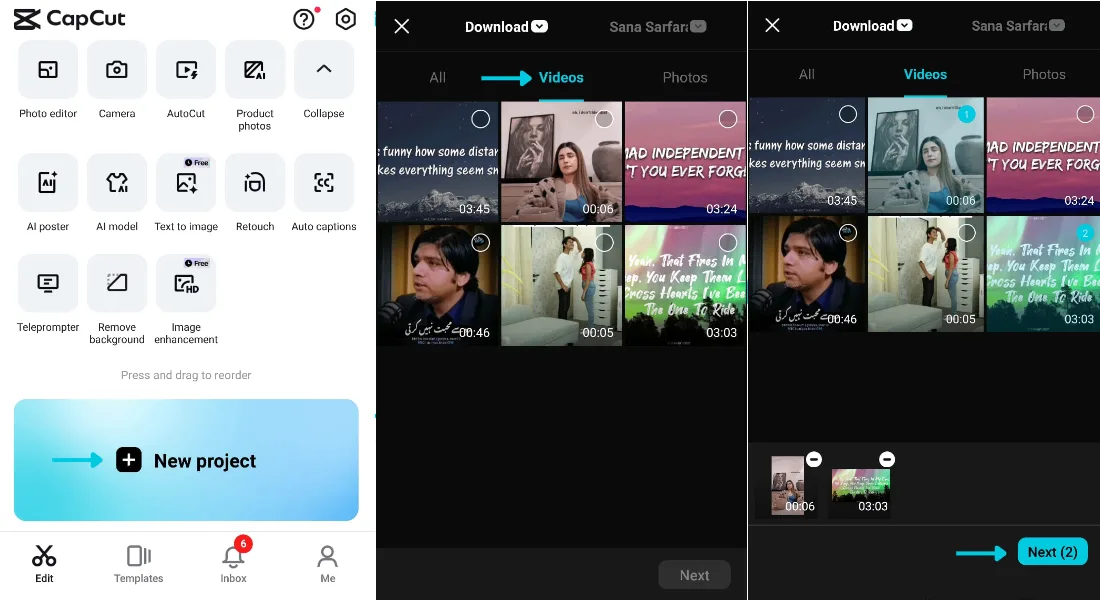 Start a new CapCut project and select two videos