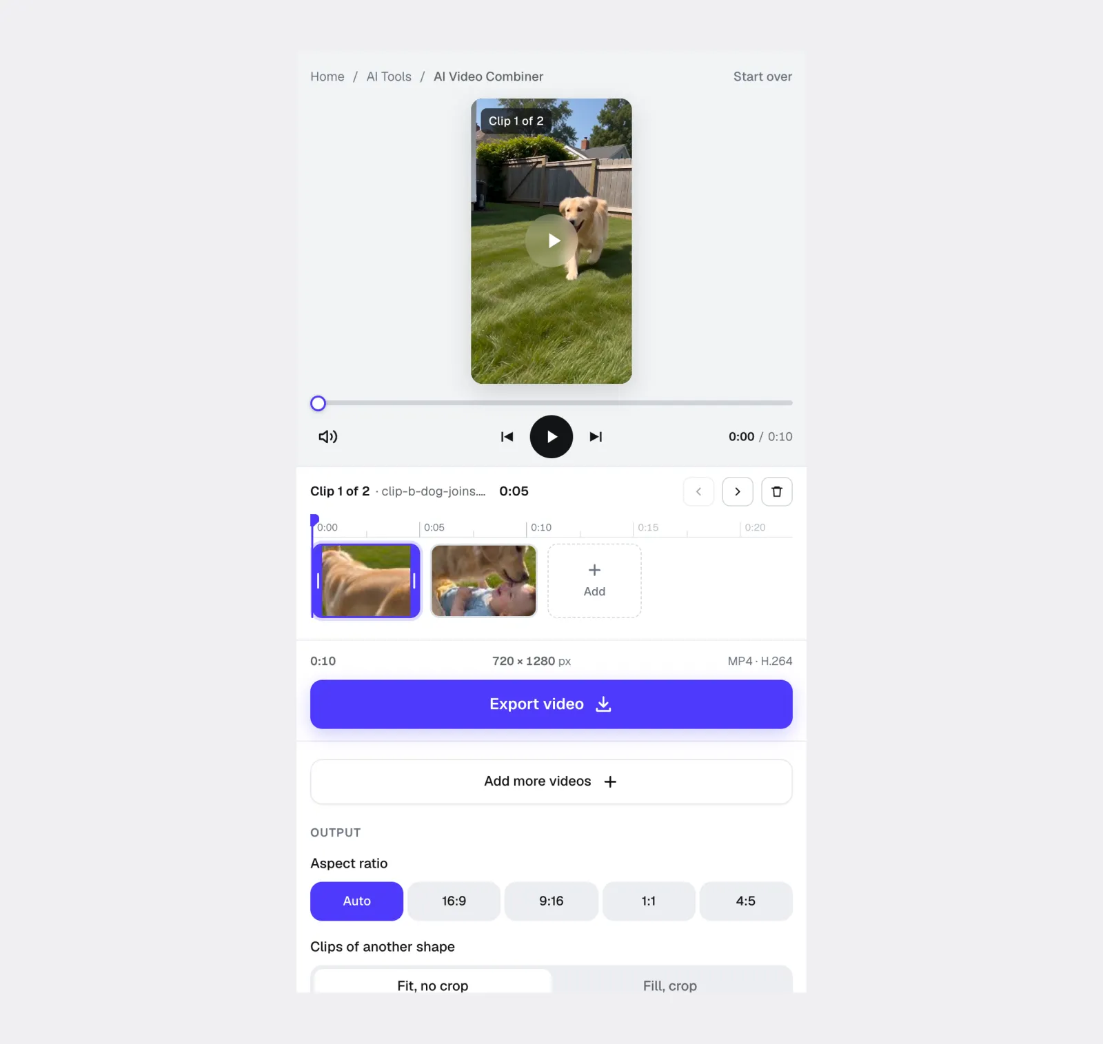Two videos on the Overchat AI Video Combiner timeline