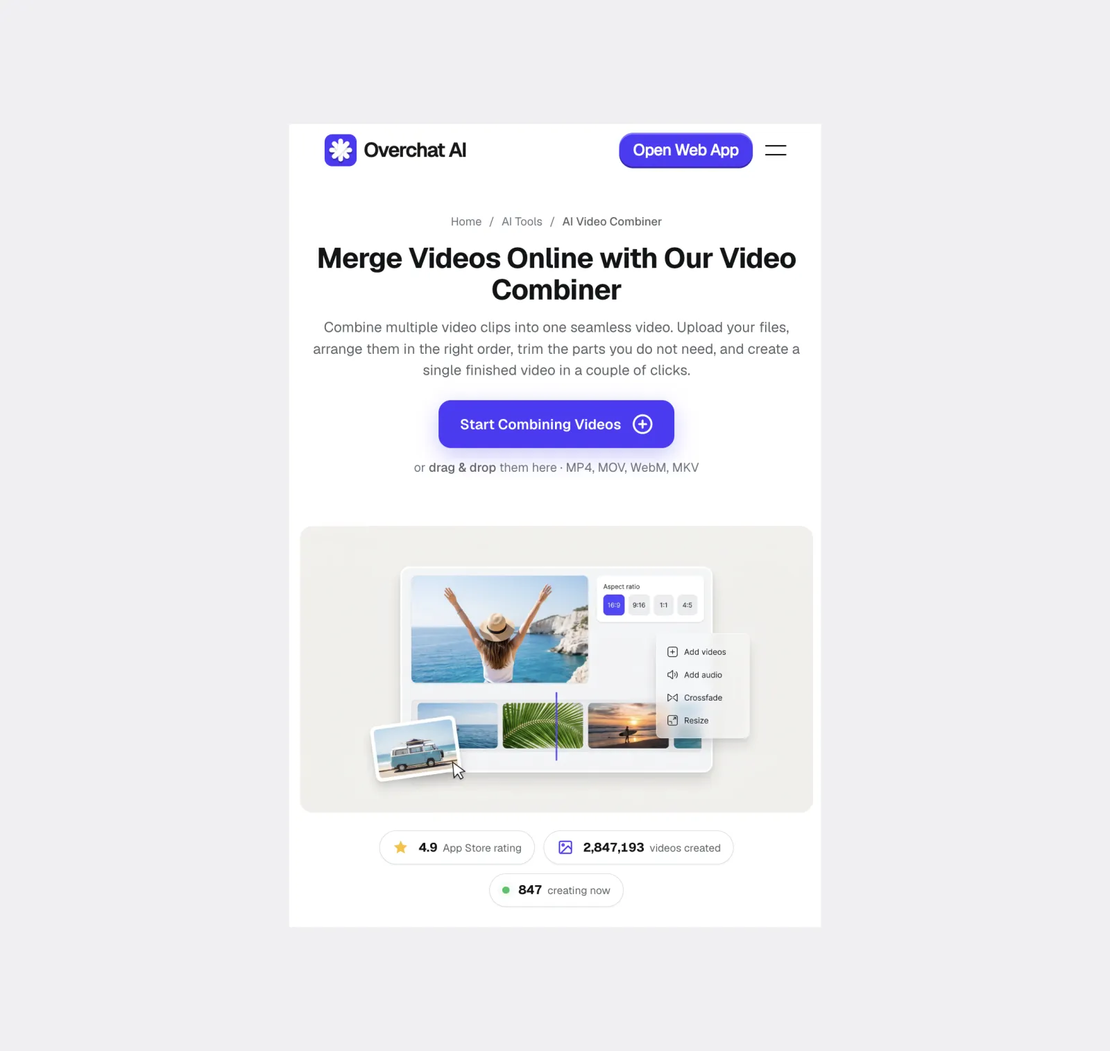 Open Overchat AI Video Combiner on iPhone