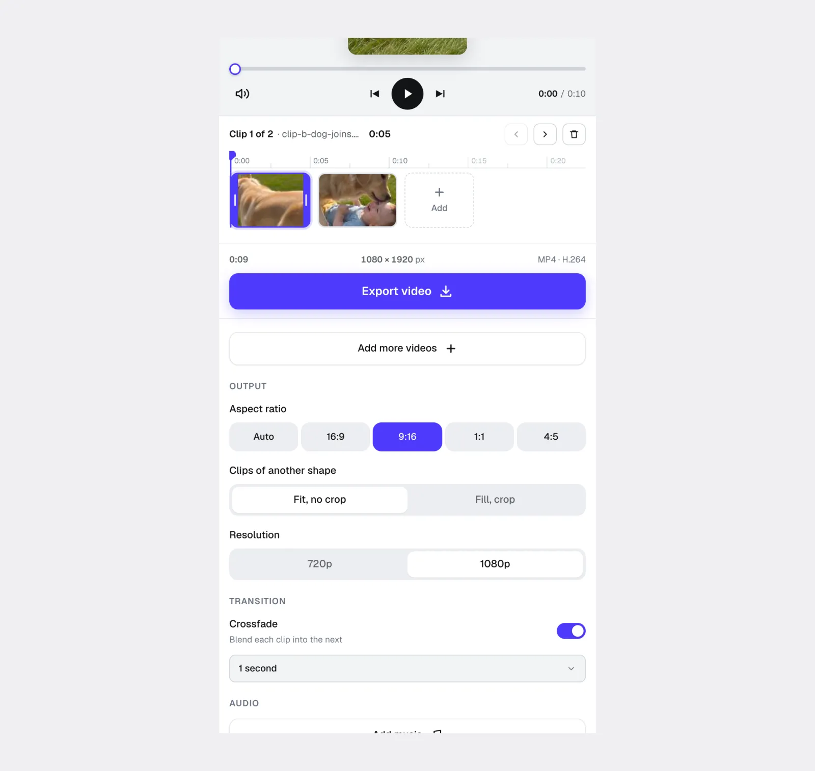 Choose output settings and crossfade in Overchat AI Video Combiner
