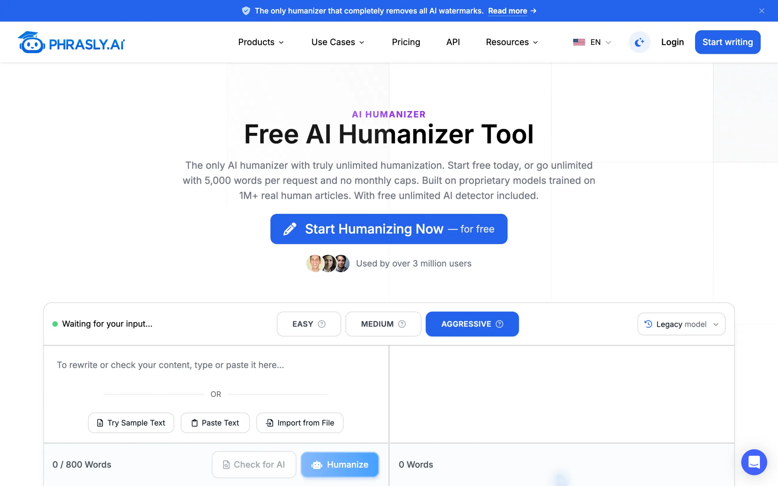 Phrasly AI humanizer and writing workspace