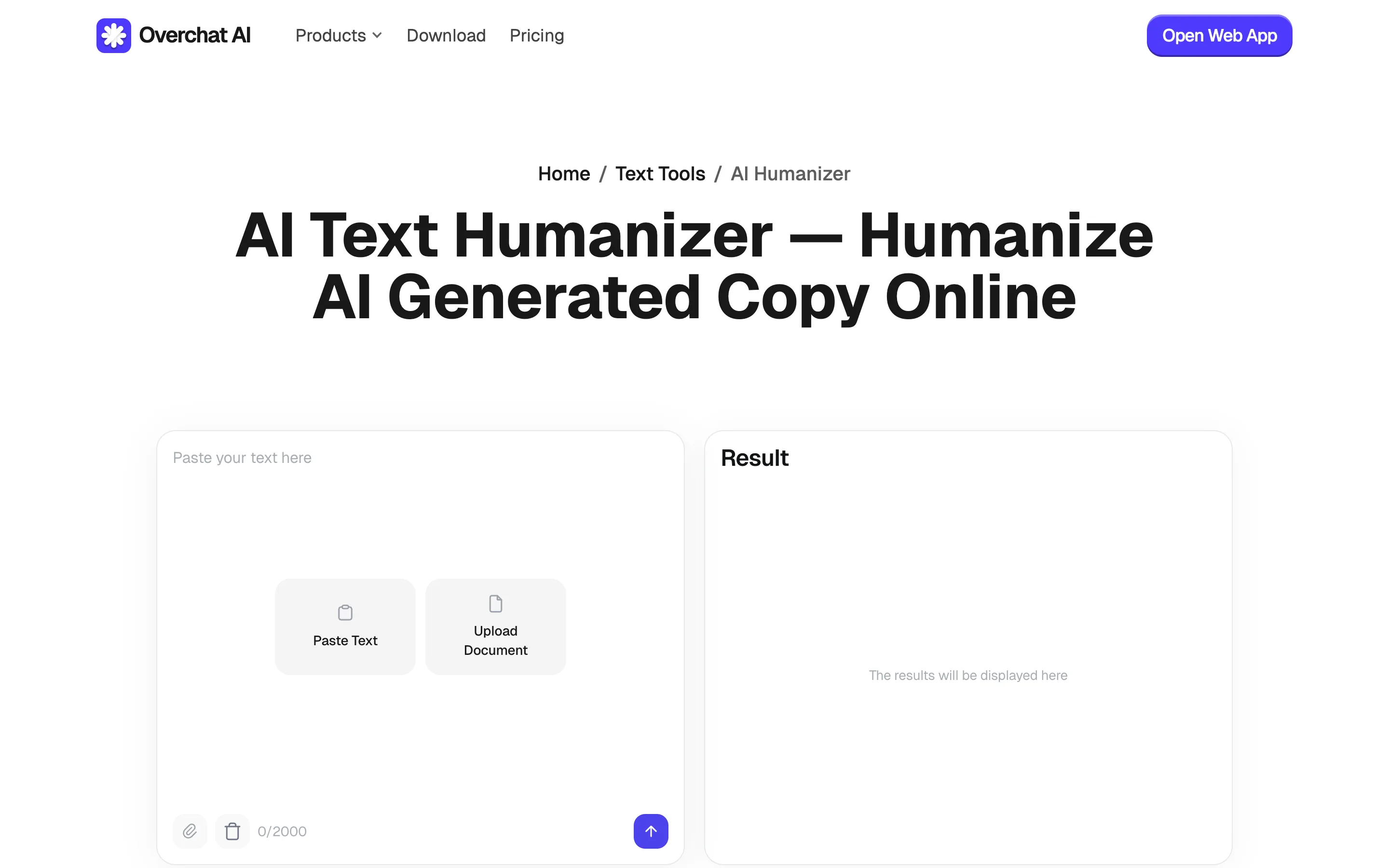 Overchat AI Humanizer desktop interface