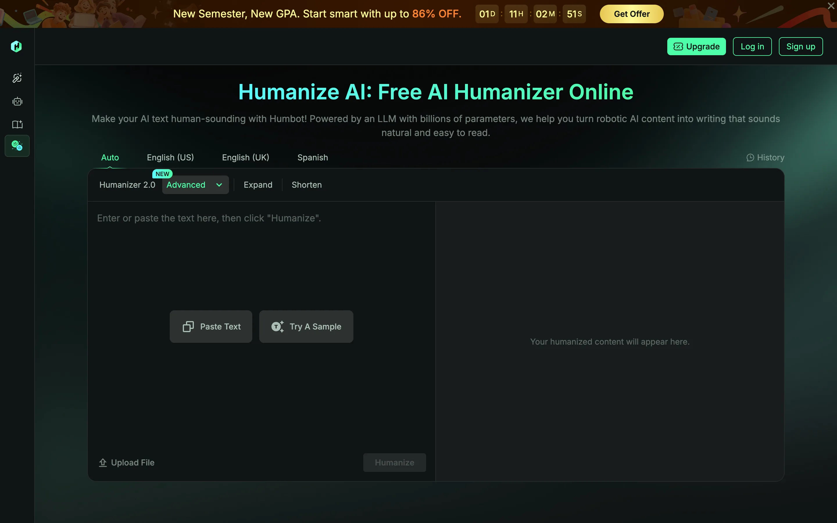 Humbot AI humanizer and study tools desktop interface