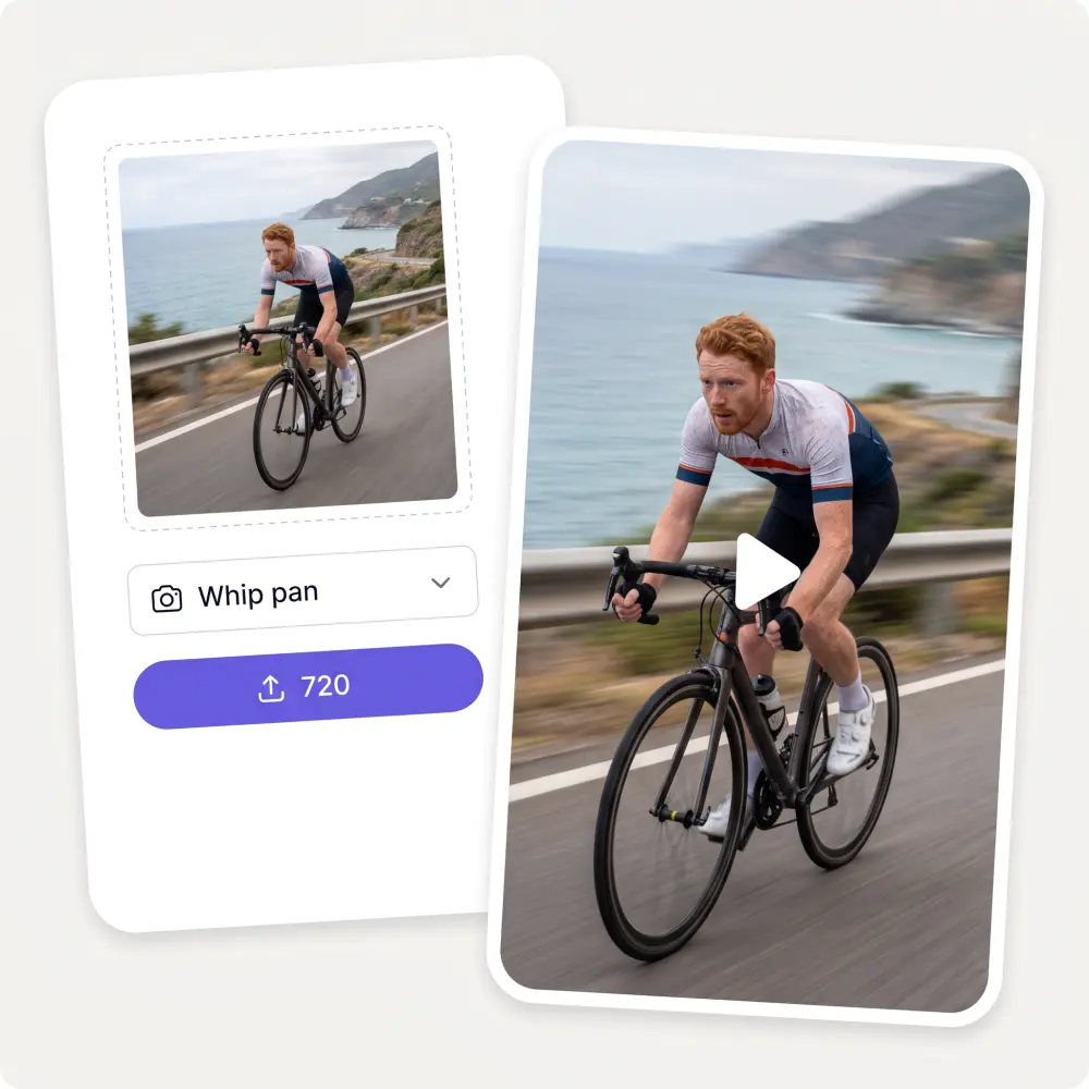The AI Whip Pan widget with an uploaded photo and the finished video