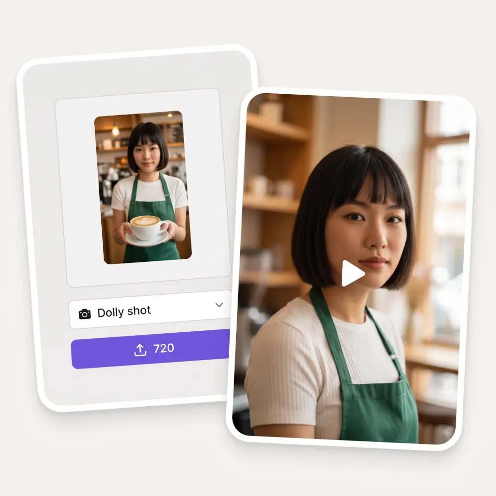 The AI Dolly Shot widget with an uploaded photo and the finished video