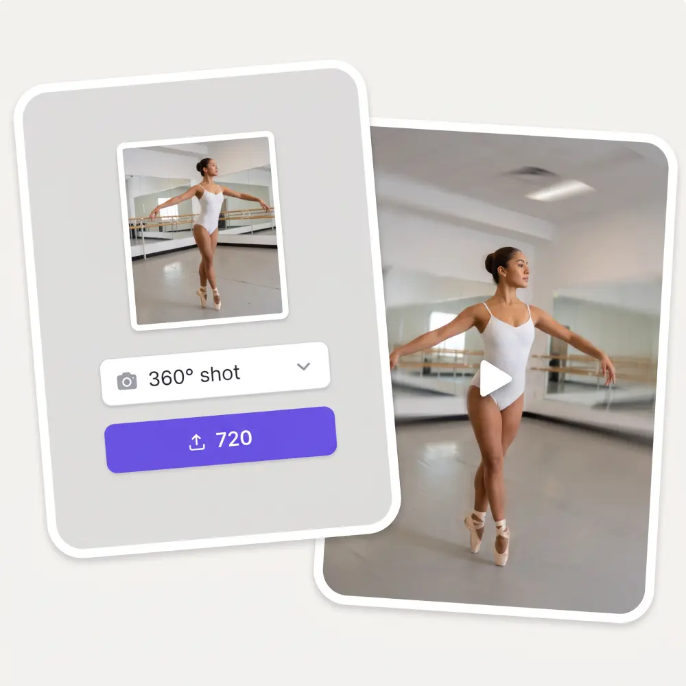 The AI 360-Degree Shot widget with an uploaded photo and the finished video