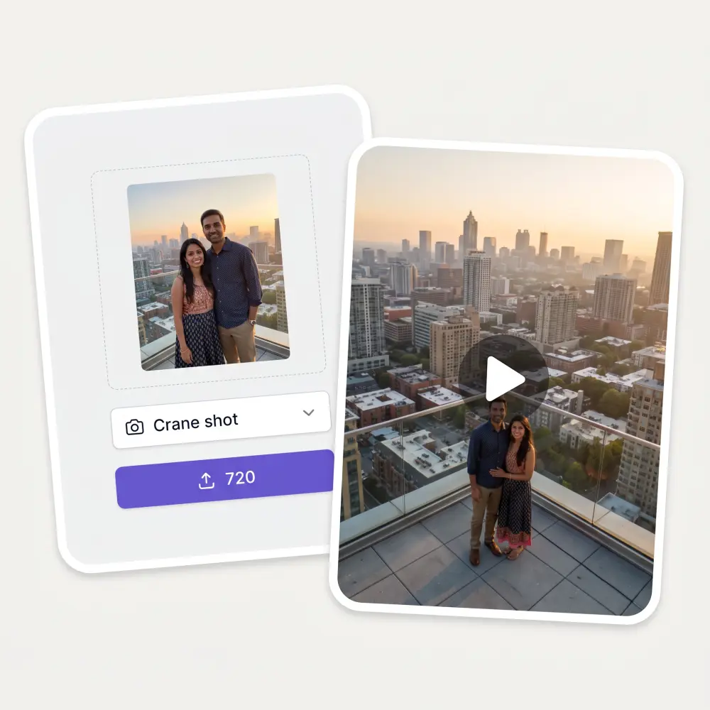 The AI Crane Shot widget with an uploaded photo and the finished video