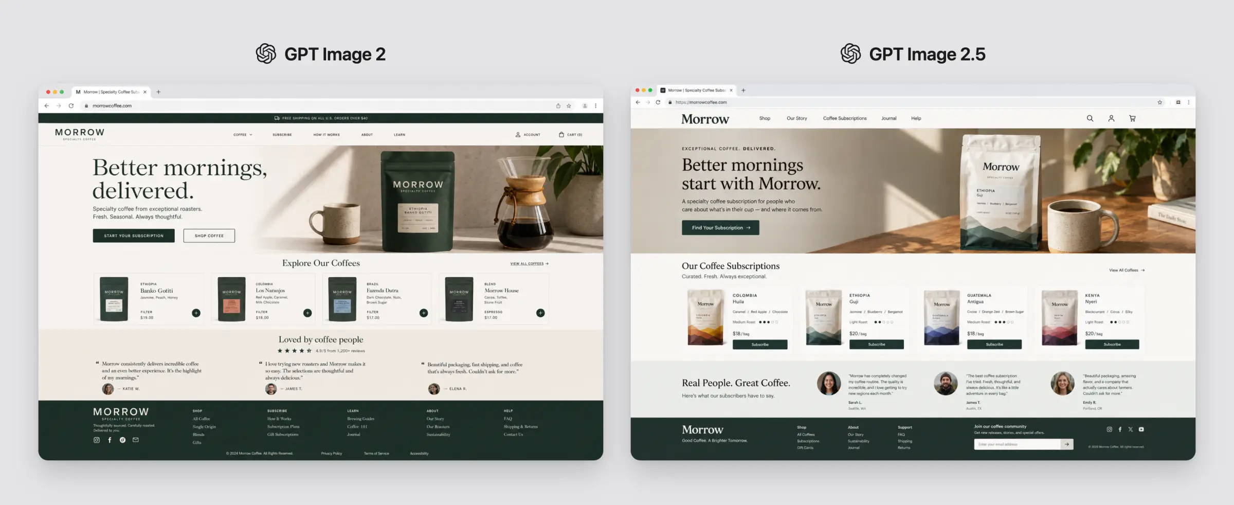 Full desktop homepage concepts for the fictional Morrow coffee subscription generated by both models.